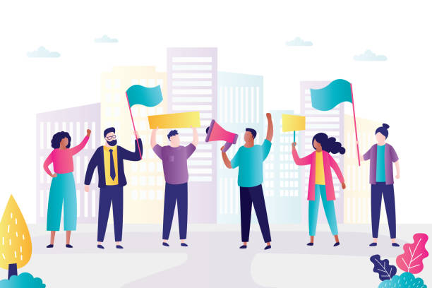 Group of protesting people. Protesters on demonstration. Various persons with placards and megaphone. Human rights protest. Union strike. Democratic freedoms, peaceful protest.Flat vector illustration